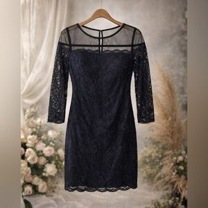 Adrianna Papell Lace Long Sleeve Mini Dress | Navy | Sheer Yoke